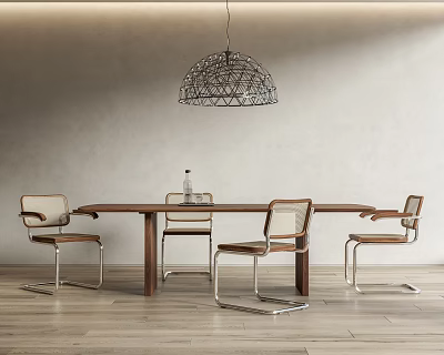 Modern Wooden Dining Table Set With Metal Frame Chairs And Wire Mesh Pendant Light 3d model