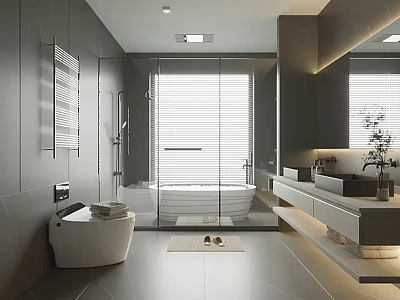 Modern Gray Bathroom Interior With Glass Shower Bathtub Double Sinks Large Mirror Sleek Countertops 3d model