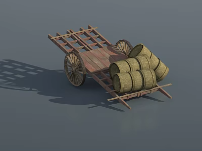Vintage Wooden Cart Loaded With Stacked Wooden Barrels On Gray Background 3d model