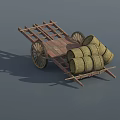 Vintage Wooden Cart Loaded With Stacked Wooden Barrels On Gray Background