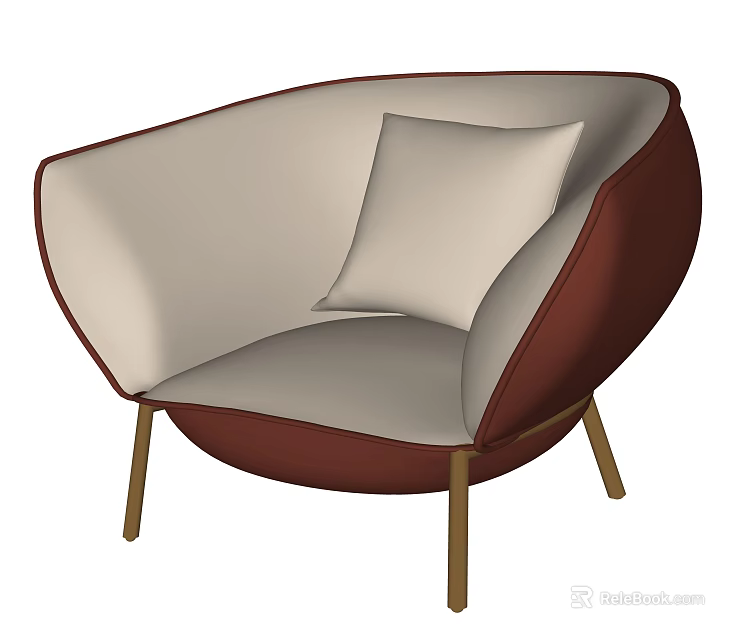 Modern Brown Beige Leather Accent Chair With Cushion And Gold Metal Legs 3d model 