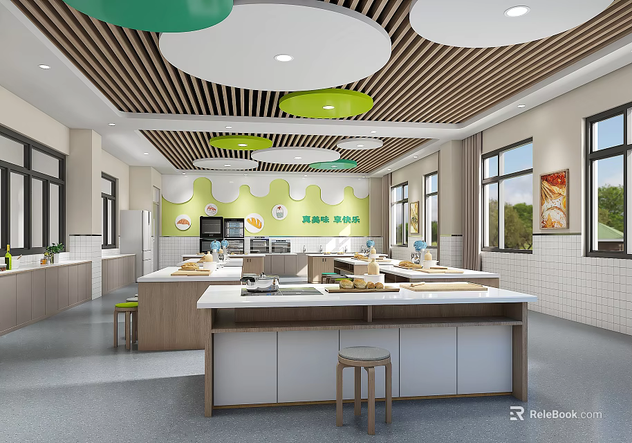 Bright Modern School Cafeteria Interior With Wooden Slat Ceiling Circular Green White Decor And Stools 3d model 