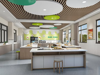 Bright Modern School Cafeteria Interior With Wooden Slat Ceiling Circular Green White Decor And Stools 3d model