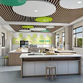 Bright Modern School Cafeteria Interior With Wooden Slat Ceiling Circular Green White Decor And Stools
