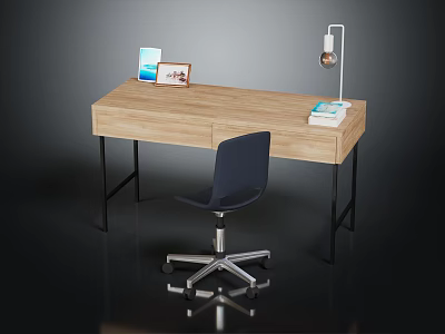 Wooden Office Desk With Black Chair Table Lamp Books Photo Frame And Tablet 3d model