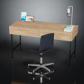 Wooden Office Desk With Black Chair Table Lamp Books Photo Frame And Tablet