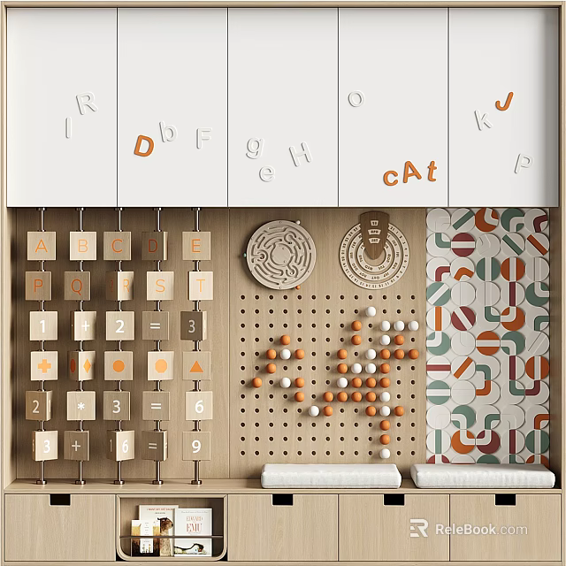Decorative Cabinet With Alphabet Number Blocks Maze Boards And Geometric Pattern Panels 3d model 
