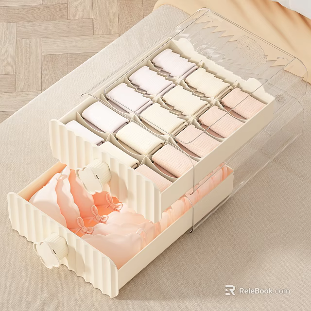 Drawer Style Compartmentalized Storage Basket In Beige Pink With Transparent Lid For Underwear 3d model 