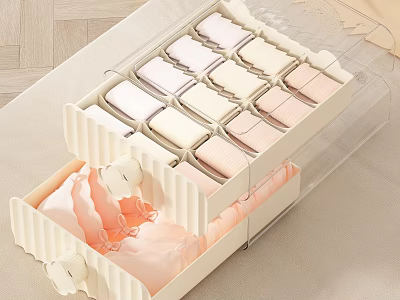 Drawer Style Compartmentalized Storage Basket In Beige Pink With Transparent Lid For Underwear 3d model