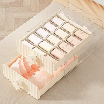 Drawer Style Compartmentalized Storage Basket In Beige Pink With Transparent Lid For Underwear 3d model