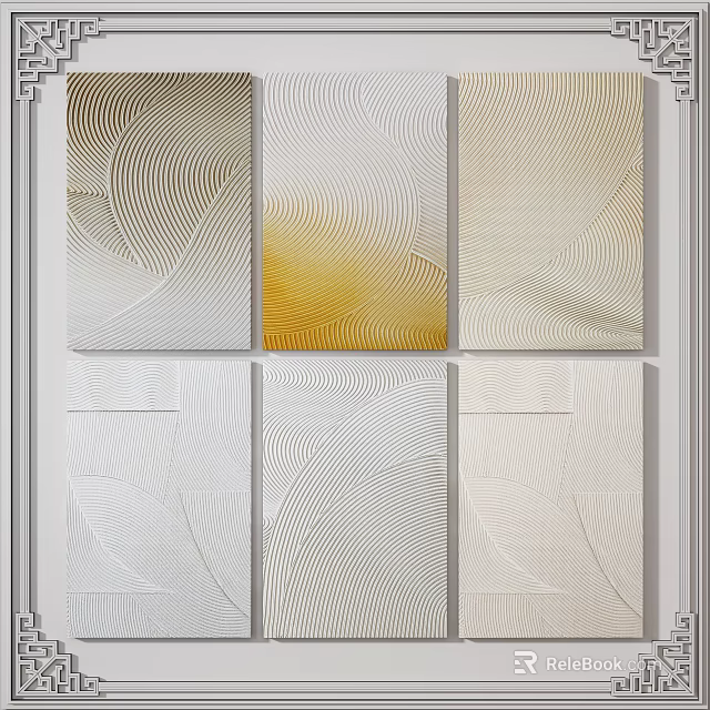 Textured Ceramic Tiles With Feather Patterns In Beige White And Yellow Tones For Wall Decoration 3d model 