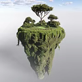 Cartoon Floating Island Scene With Green Vegetation And Tall Trees