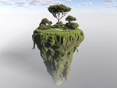 Cartoon Floating Island Scene With Green Vegetation And Tall Trees 3d model