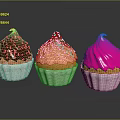 Three Colorful Cupcakes With Chocolate Beige Pink Frosting And Sprinkles On Shiny Surface