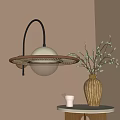 Modern Wall Lamp with White Shade Gold Arc Brown Ring by Beige Wall Vase Plant 3d model