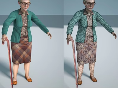 Elderly Woman Wearing Glasses Green Coat And Plaid Skirt With Walking Cane Wireframe Model 3d model