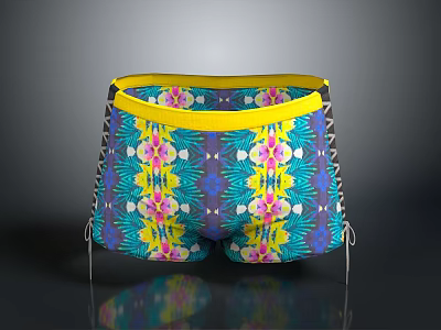 Vibrant Floral Men's Underwear With Yellow Waistband Blue Base And Side Lace Up Detail 3d model