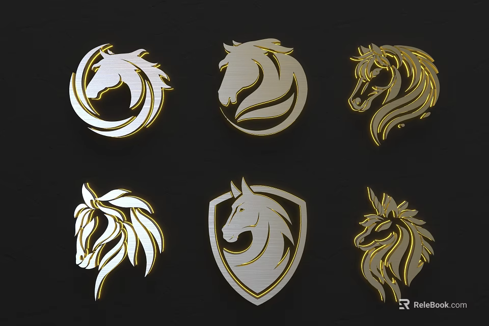 Horse Head Animal Art Drawings Collection With Gold And White Emblems On Black Background 3d model 
