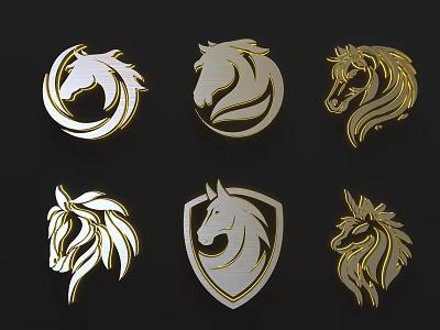 Horse Head Animal Art Drawings Collection With Gold And White Emblems On Black Background 3d model