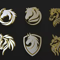 Horse Head Animal Art Drawings Collection With Gold And White Emblems On Black Background