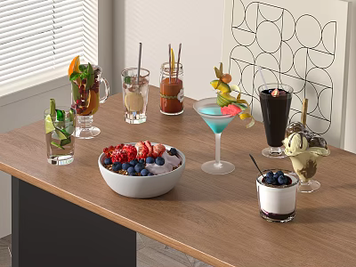 Delicious Assorted Drinks And Fruit Bowl With Strawberries Blueberries And Ice Cream In Garnished Glasses 3d model