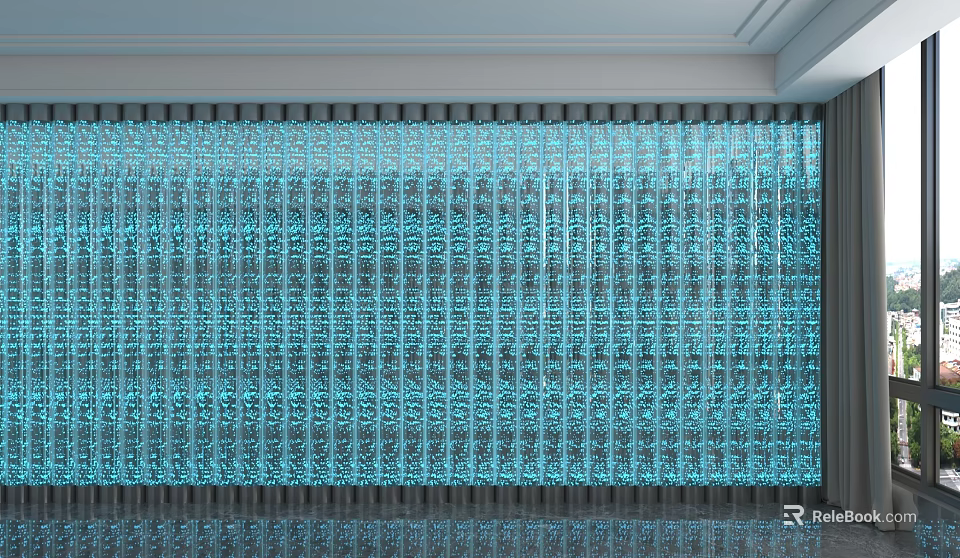 Blue Decorative Background Wall with Vertical Stripes and Modern Lighting Effect 3d model 