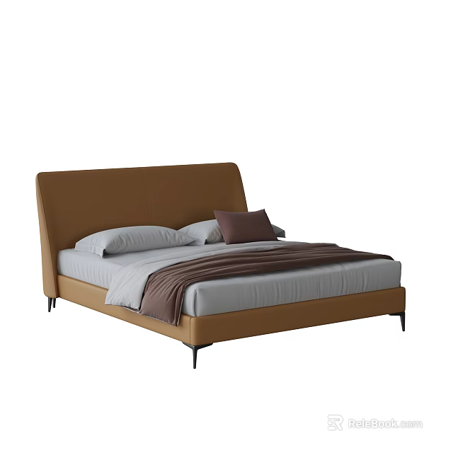Brown Headboard Bed With White Mattress Gray Pillows And Brown Blanket 3d model 