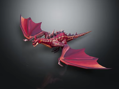 Red Dragon Character with Wings and Spikes as Mythical Creature 3D Render on Dark Backdrop 3d model