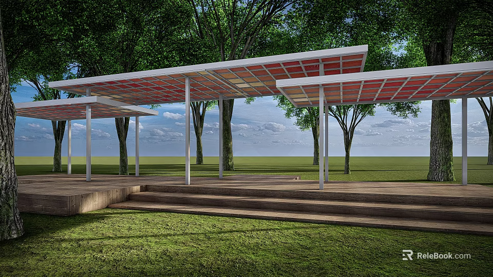Modern Pergola With White Frame Red Roof Steps And Green Grass In Park 3d model 