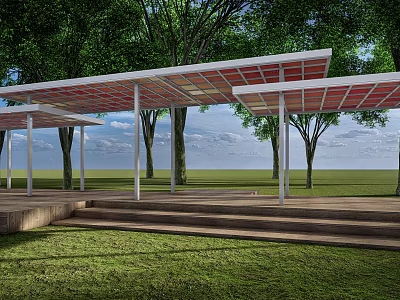 Modern Pergola With White Frame Red Roof Steps And Green Grass In Park 3d model