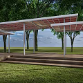 Modern Pergola With White Frame Red Roof Steps And Green Grass In Park