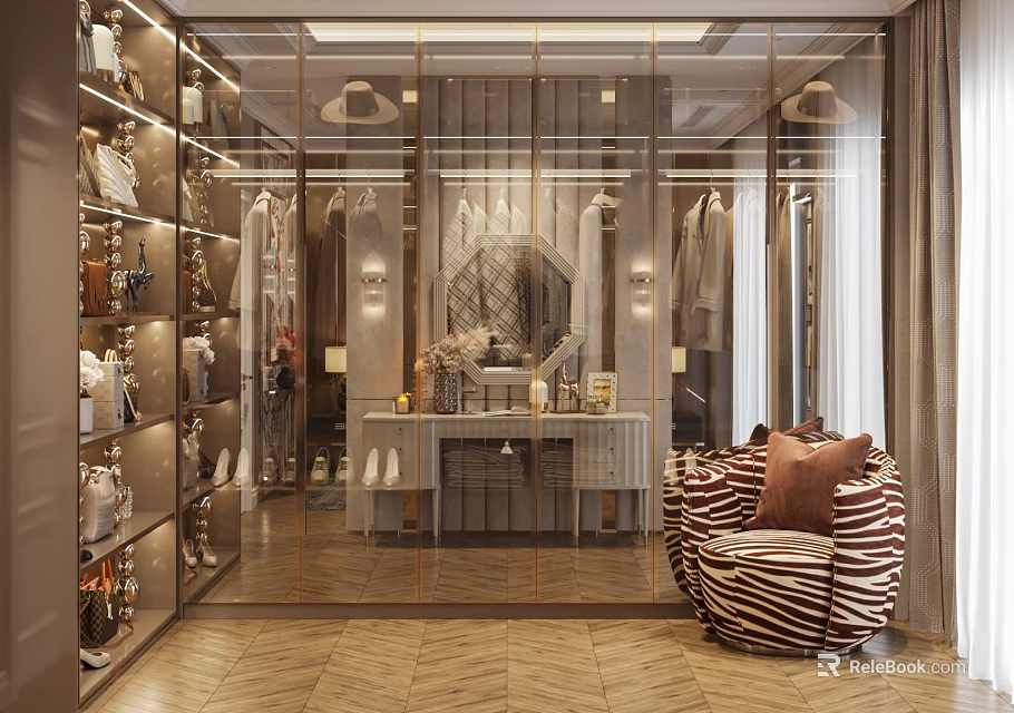 Luxurious Wardrobe Closet With Glass Doors Open Racks Dressing Table And Decorative Mirrors 3d model 
