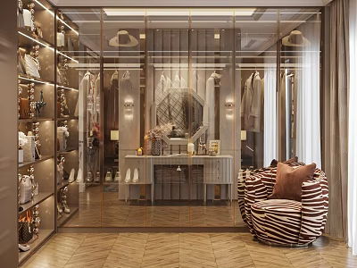 Luxurious Wardrobe Closet With Glass Doors Open Racks Dressing Table And Decorative Mirrors 3d model