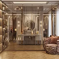 Luxurious Wardrobe Closet With Glass Doors Open Racks Dressing Table And Decorative Mirrors