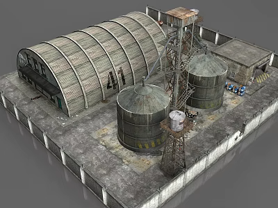 Industrial Factory Building with Arched Roof Metal Silos and Tower Structure on Concrete Ground 3d model