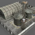 Industrial Factory Building with Arched Roof Metal Silos and Tower Structure on Concrete Ground