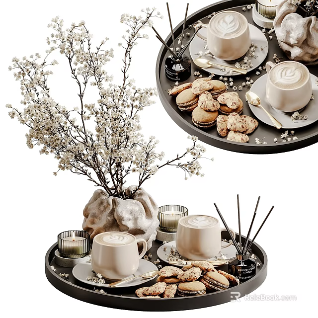 White Flower Branches in Decorative Vase with Coffee Mugs Cookies and Candles 3d model 