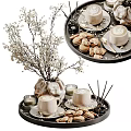 White Flower Branches in Decorative Vase with Coffee Mugs Cookies and Candles