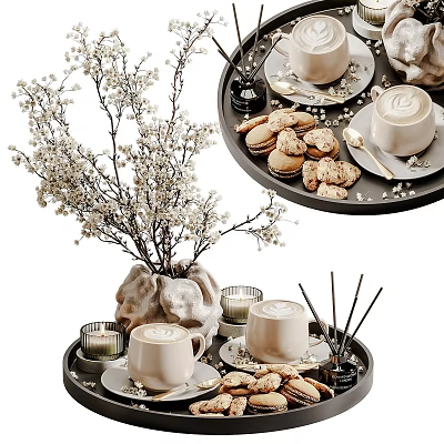 White Flower Branches in Decorative Vase with Coffee Mugs Cookies and Candles 3d model