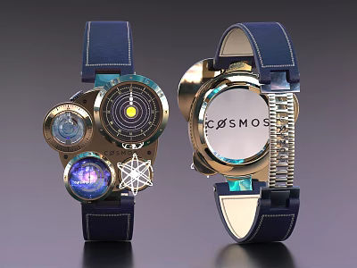 Stylish COSMOS Watches With Blue Leather Straps Gold Blue Dials And Star Accents 3d model