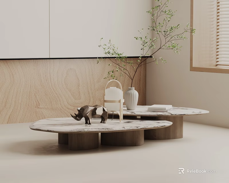 Elegant Sofa Coffee Table Set With Marble Top Wooden Base Rhino Statue And Plant Vase 3d model 