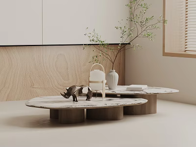 Elegant Sofa Coffee Table Set With Marble Top Wooden Base Rhino Statue And Plant Vase 3d model