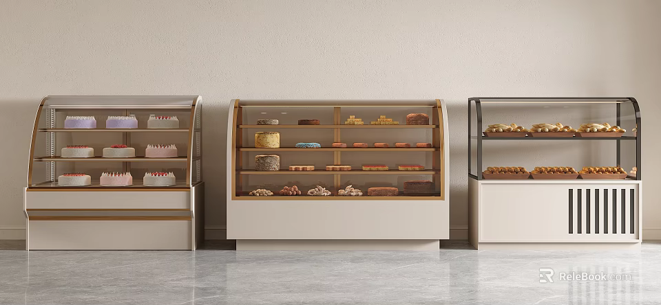 Modern Bakery Display Shelves With Glass Doors And Assorted Baked Goods 3d model 