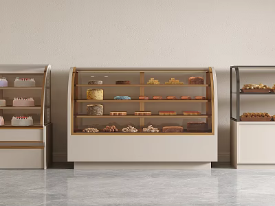 Modern Bakery Display Shelves With Glass Doors And Assorted Baked Goods 3d model