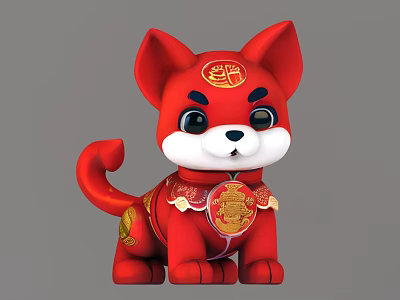 Red Cartoon Reptile Figurine With Fortune Symbols And Golden Decorations 3d model