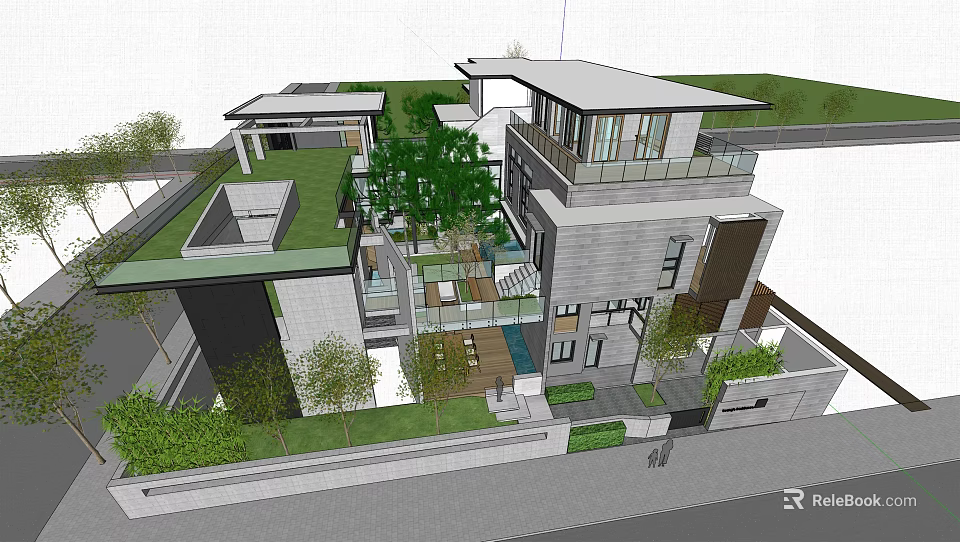 Modern Detached Villa With Green Roof Garden Glass Terraces And Plants 3d model 