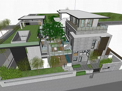 Modern Detached Villa With Green Roof Garden Glass Terraces And Plants 3d model