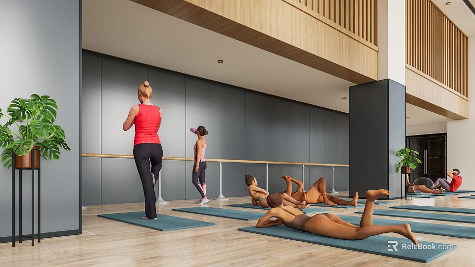 Fitness Yoga Session With Group Of People Doing Standing And Lying Exercises On Mats 3d model 