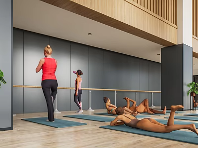 Fitness Yoga Session With Group Of People Doing Standing And Lying Exercises On Mats 3d model