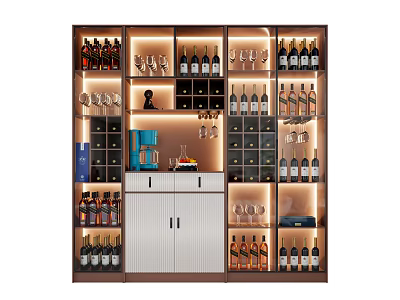 Modern Wine Cabinet With LED Lighting Multiple Shelves For Wine Bottles And Glassware 3d model